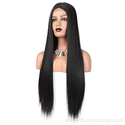 Aisi Beauty Wholesale Vendor Long Silky Straight Middle Part Black Wig Lace Front Synthetic Hair For Black Women Lace Front Wig